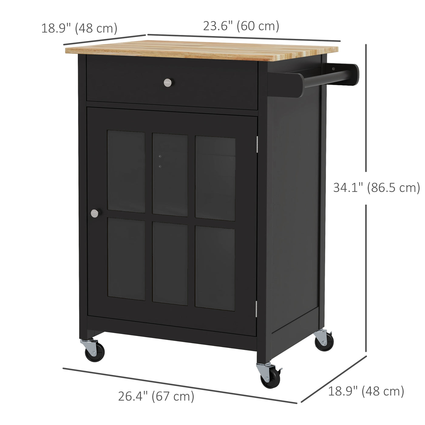 Rolling Kitchen Cart with Drawer and Glass Door Cabinet, Kitchen Island on Wheels with Towel Rack, Black