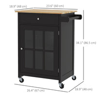 Rolling Kitchen Cart with Drawer and Glass Door Cabinet, Kitchen Island on Wheels with Towel Rack, Black