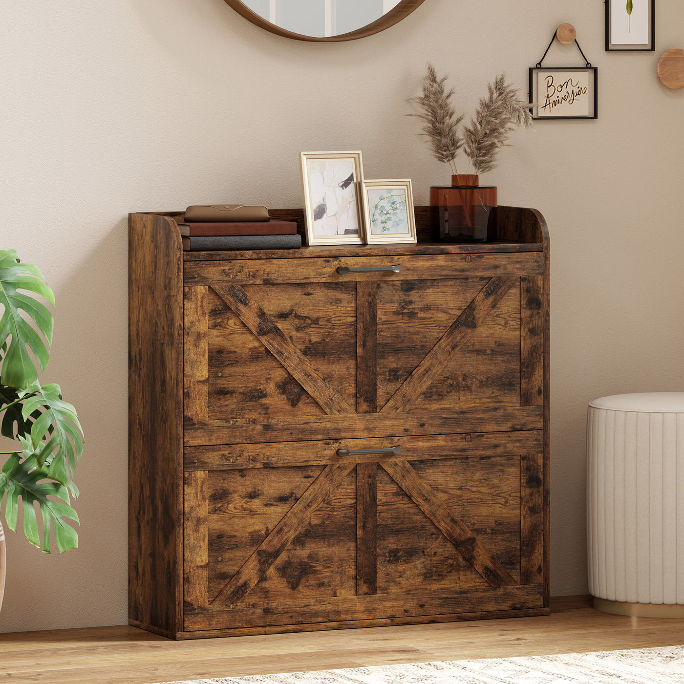 Narrow Shoe Storage Cabinet, Farmhouse Slim Shoe Cabinet with 2 Flip Drawers, Adjustable Shelves, Rustic Brown
