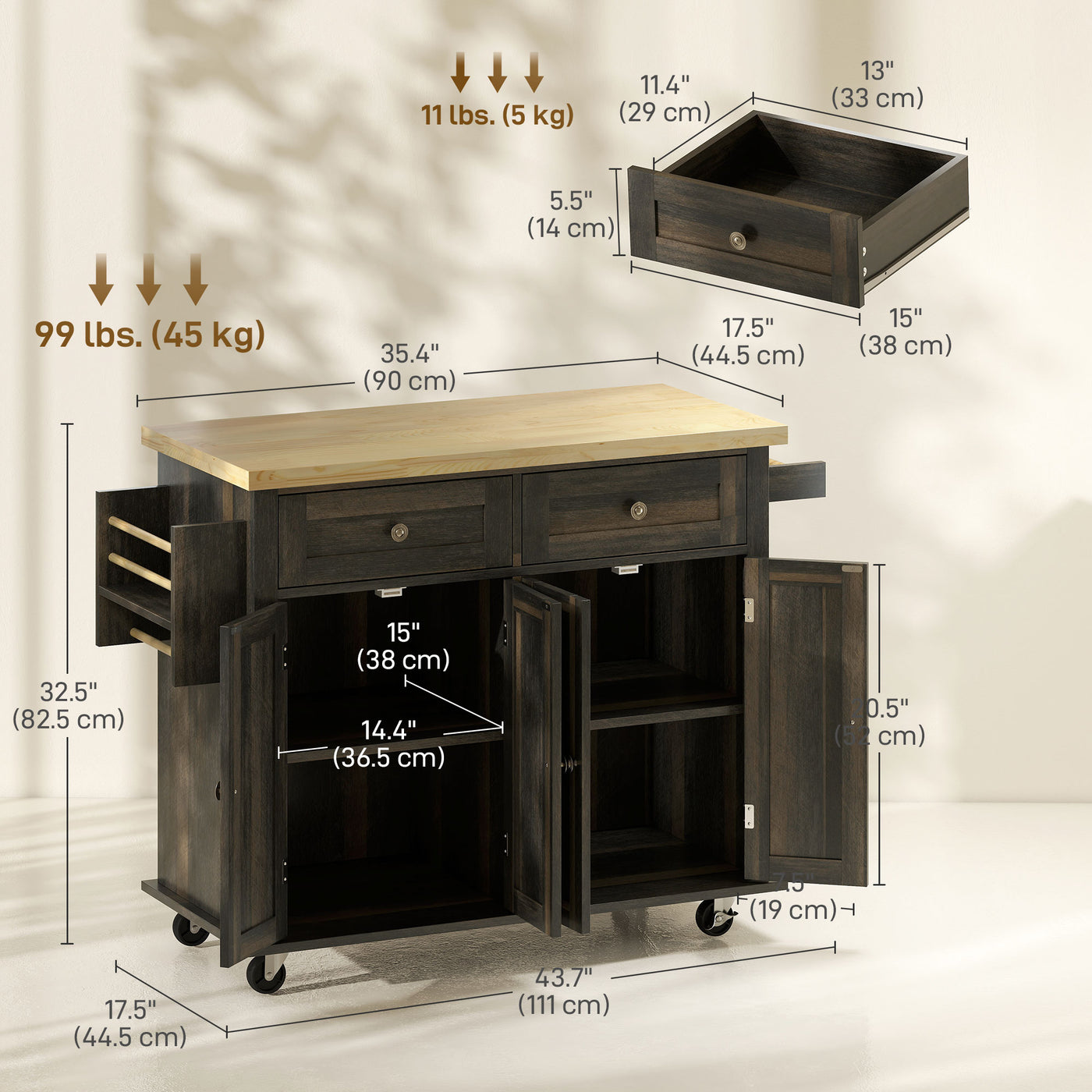 Kitchen Island with Storage, Rolling Trolley Cart with Rubber Wood Top, Spice Rack, Towel Rack, Brown Oak