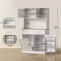 68" Pantry Cabinet with Charging Station, Storage Cabinet with Microwave Stand, 10 Gallon Trash Can Cabinet, White