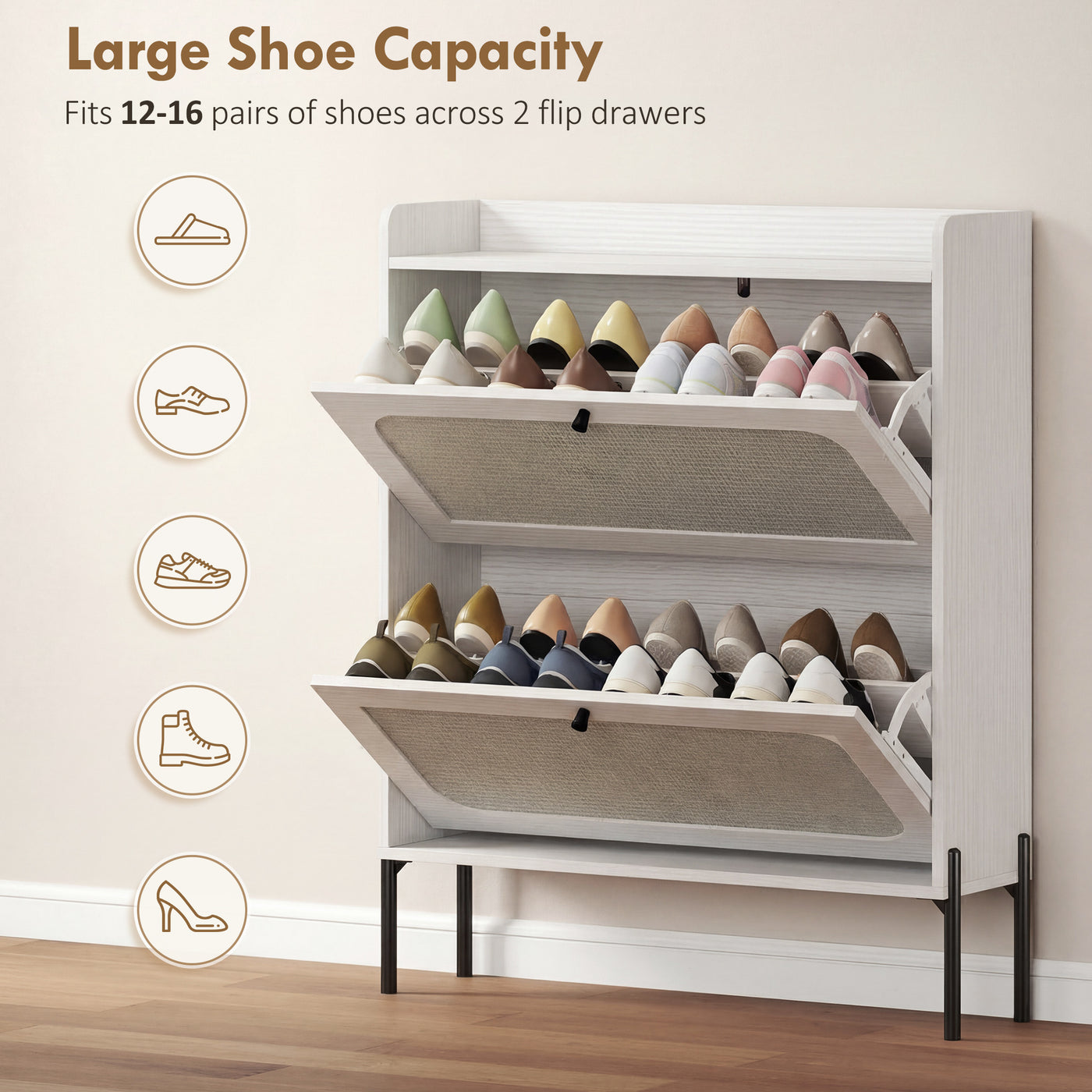 Shoe Cabinet with 2 Flip Drawers, Boho Narrow Shoe Storage Cabinet, White