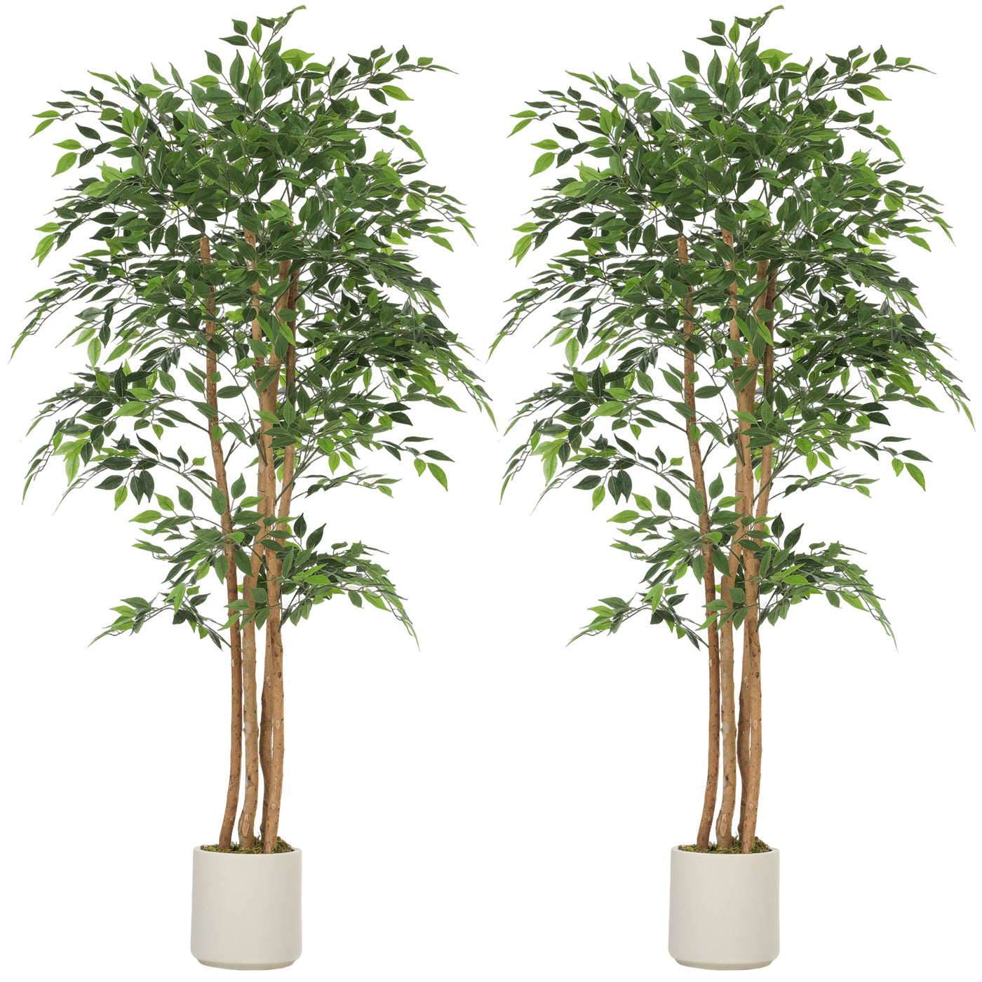 6FT Artificial Banyan Tree Set of 2, Fake Potted Tree with Solid Wood Trunk and Pot for Indoor