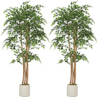 6FT Artificial Banyan Tree Set of 2, Fake Potted Tree with Solid Wood Trunk and Pot for Indoor
