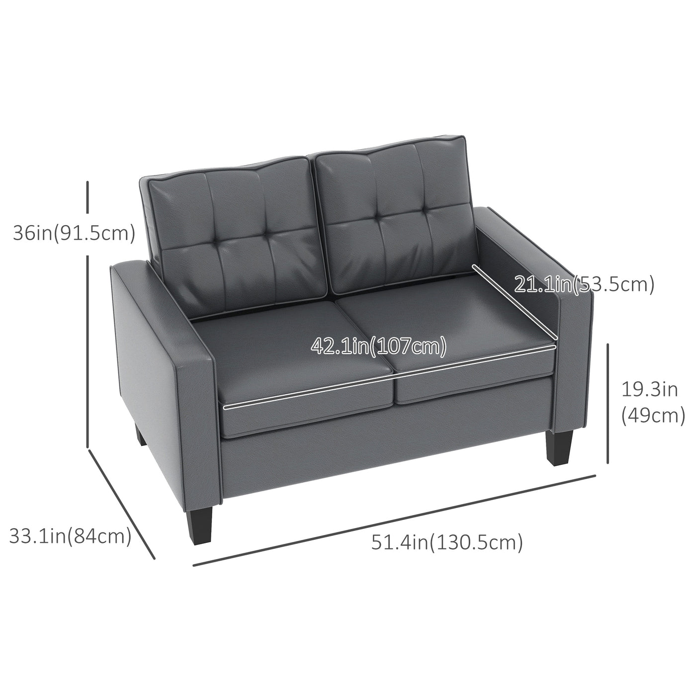 51" PU Leather Loveseat, Upholstered Double Sofa Couch with Armrests, Tufted Backrest, Pocket Spring and Sponge Padded Cushion for Living Room, Bedroom, Home Office, Grey