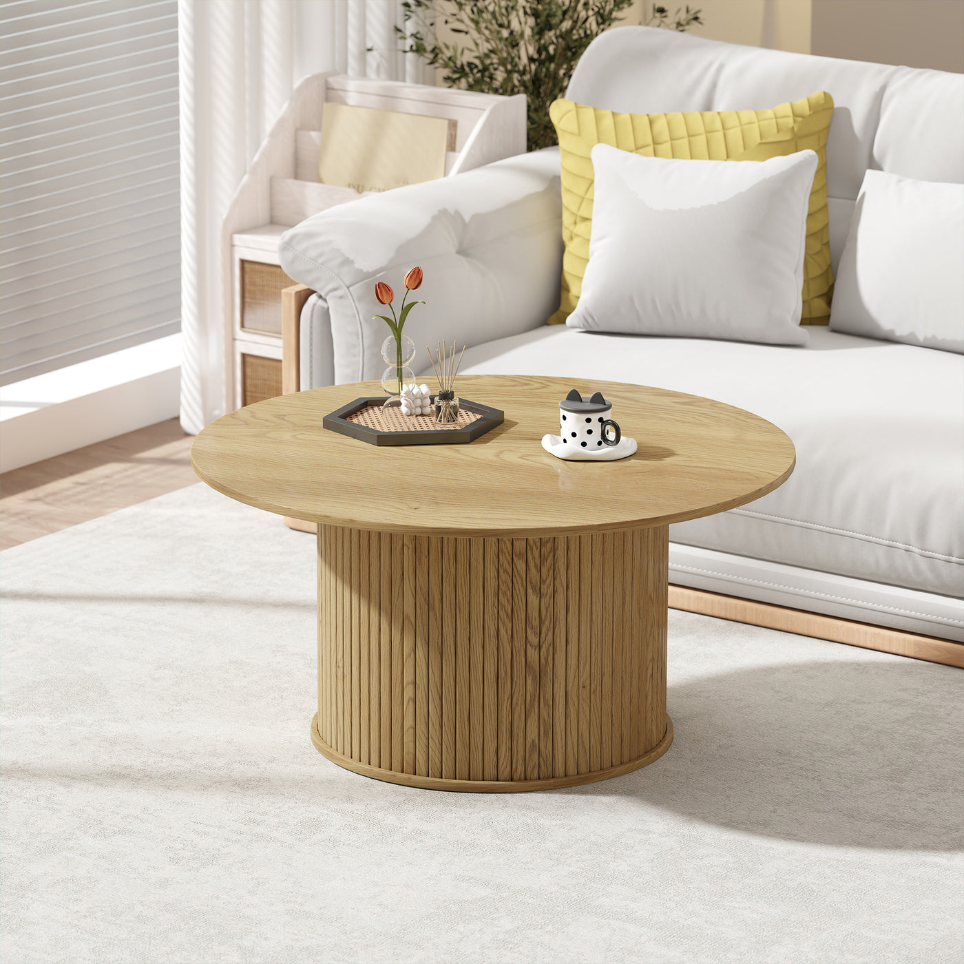 31.5" Round Coffee Table, Nordic Style Center Table with Fluted Cylindrical Base for Living Room, Oak