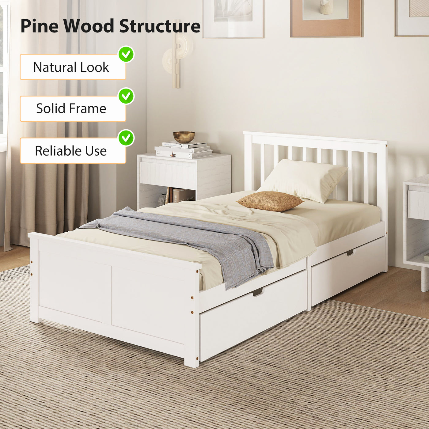 Pine Twin Bed Frame, Wood Storage Bed Frame with Drawers, Wood Slat Support, No Box Spring Needed, Easy Assembly, White