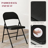 Set of 4 Metal Foldable Chairs, Faux Linen Padded Folding Chairs with Cushion Seat and Open Back for Indoor, Black
