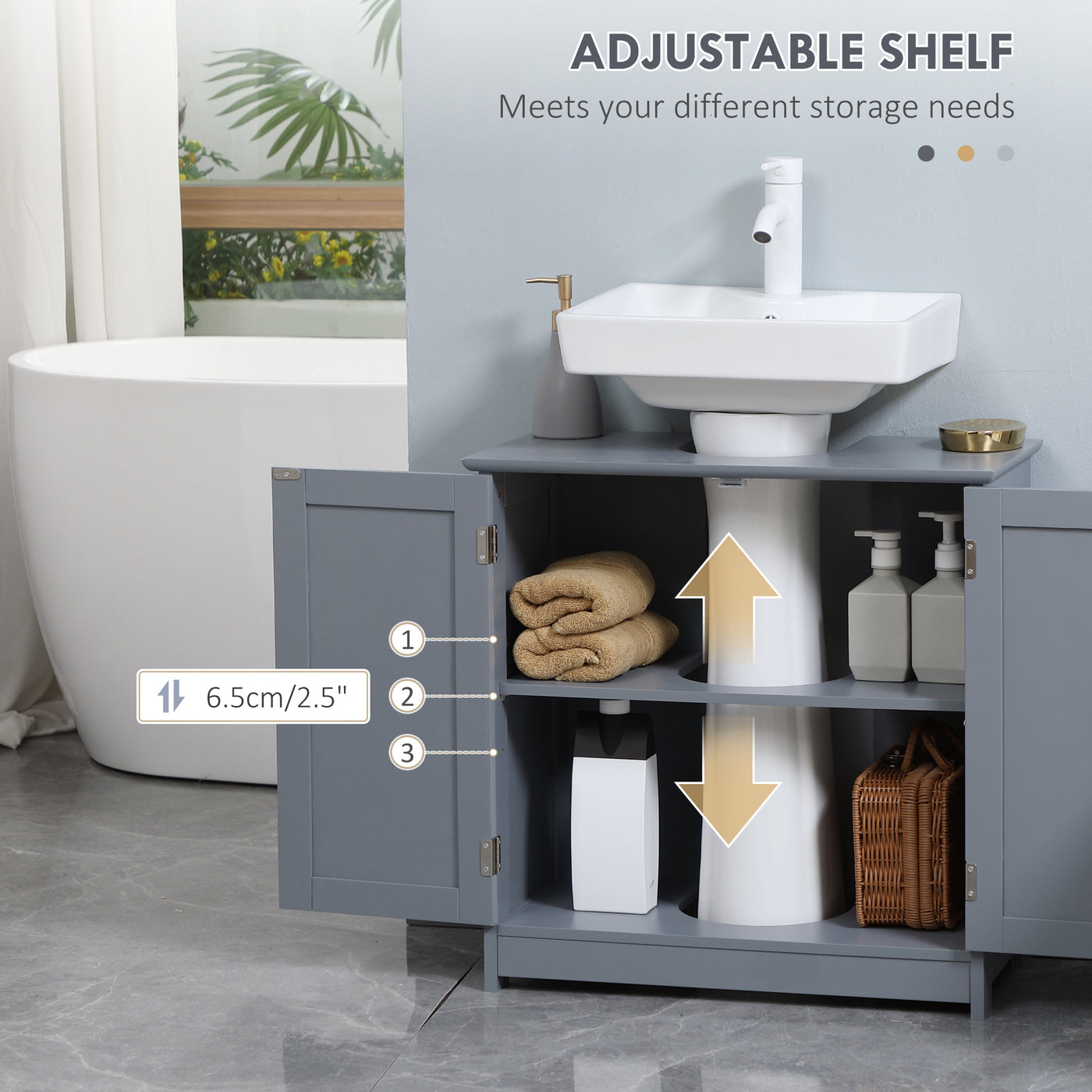 Bathroom Vanity, 24" Pedestal Sink Bathroom Vanity Furniture with 2 Doors and Shelf, Grey