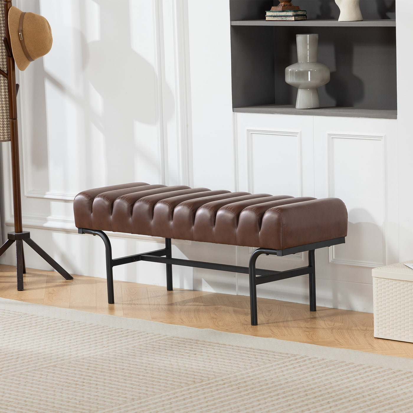 Bedroom Bench PU Leather End of Bed Bench with Cylindrical Seat and Metal Legs for Bedroom Living Room Hallway Brown