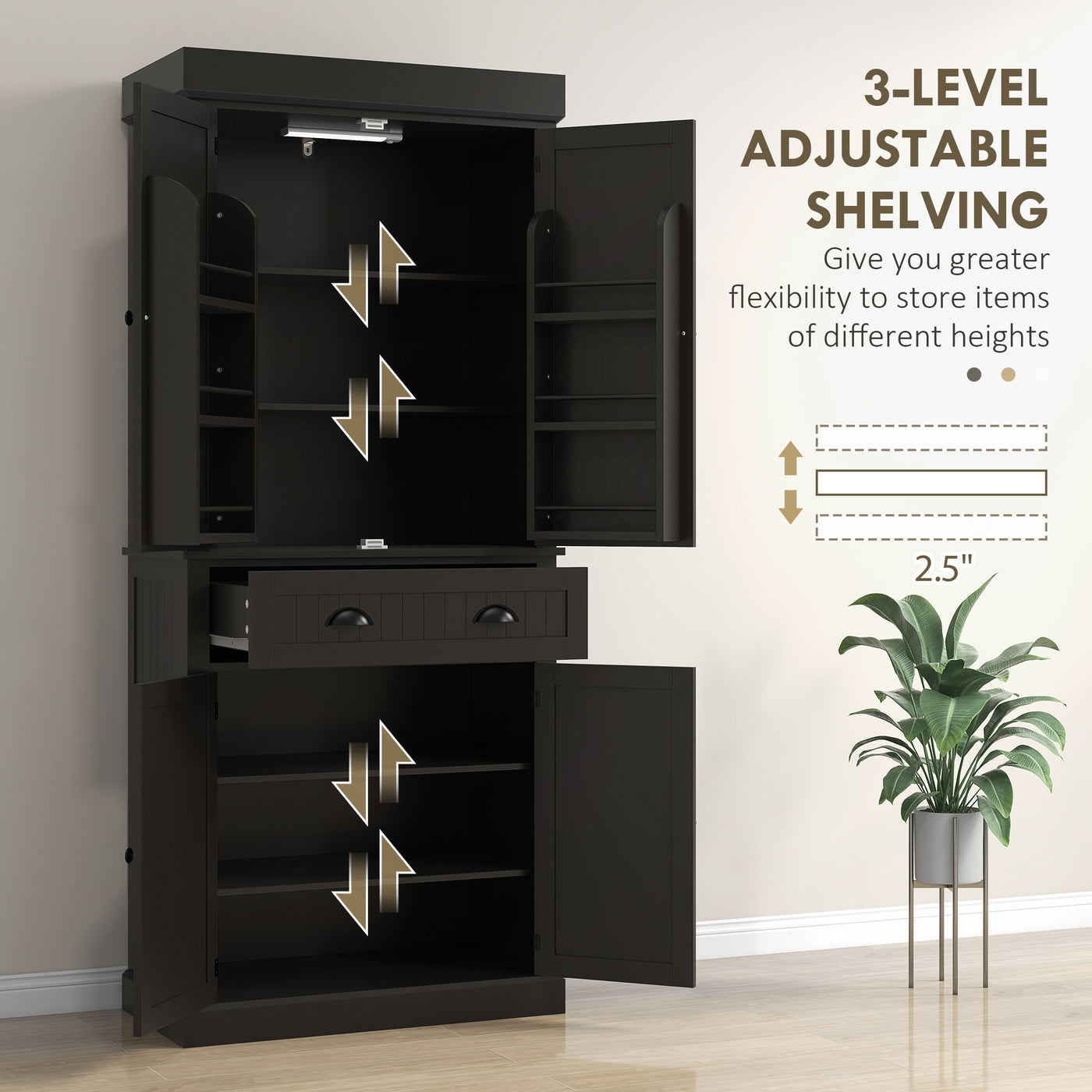 71" Kitchen Pantry Cabinet with LED Lights, 6 Spice Racks, a Drawer and 4 Adjustable Shelves, Black