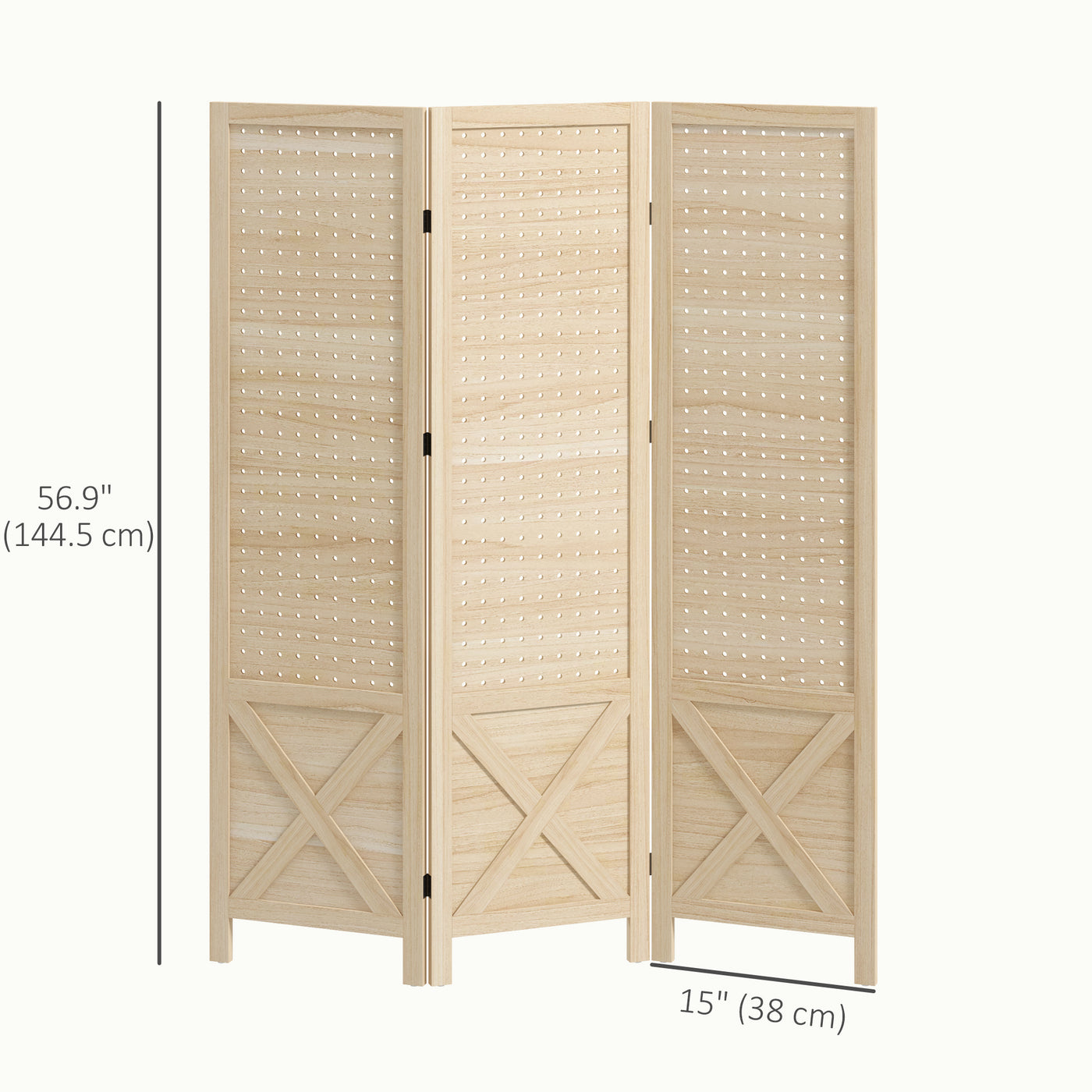 4.7' 3 Panel Wooden Room Divider with Pegboard Display, Folding Privacy Screen for Home Office, Natural