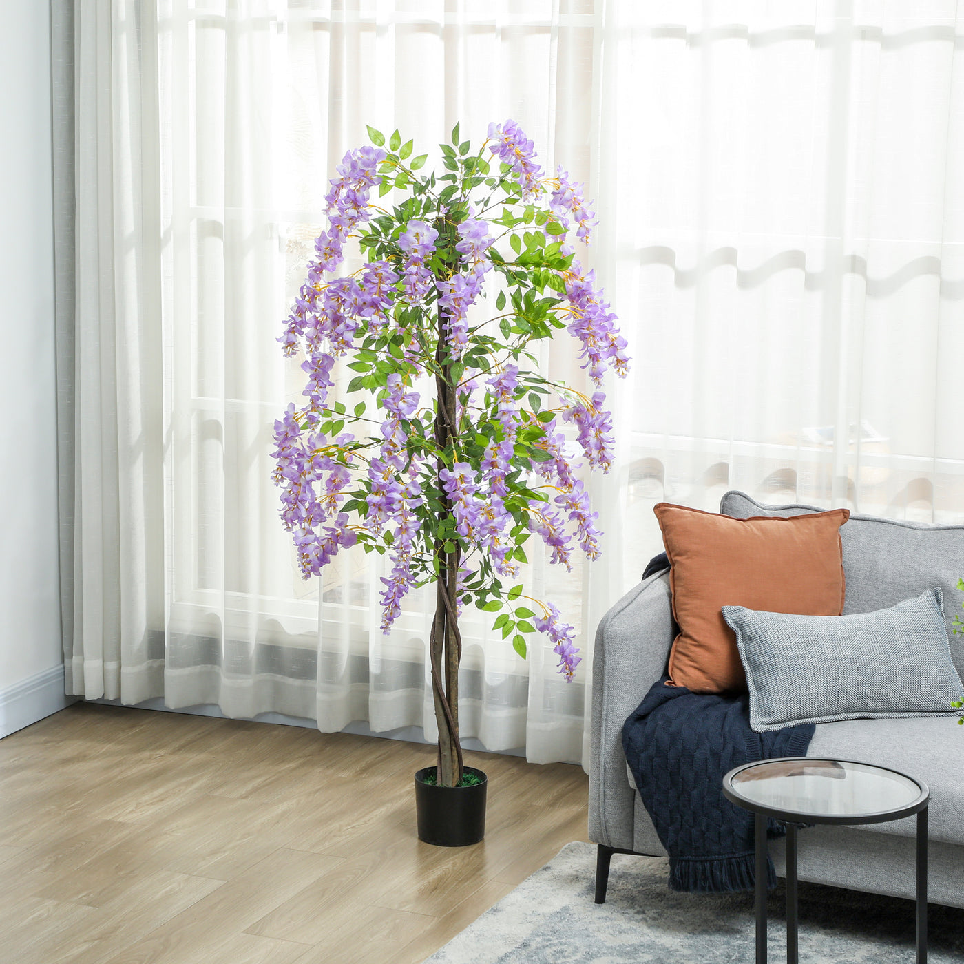 5.9FT Fake Wisteria Tree with Natural Wood Trunk, Artificial Plant in Nursery Pot, Greenery Tall Faux Floor Plant Purple