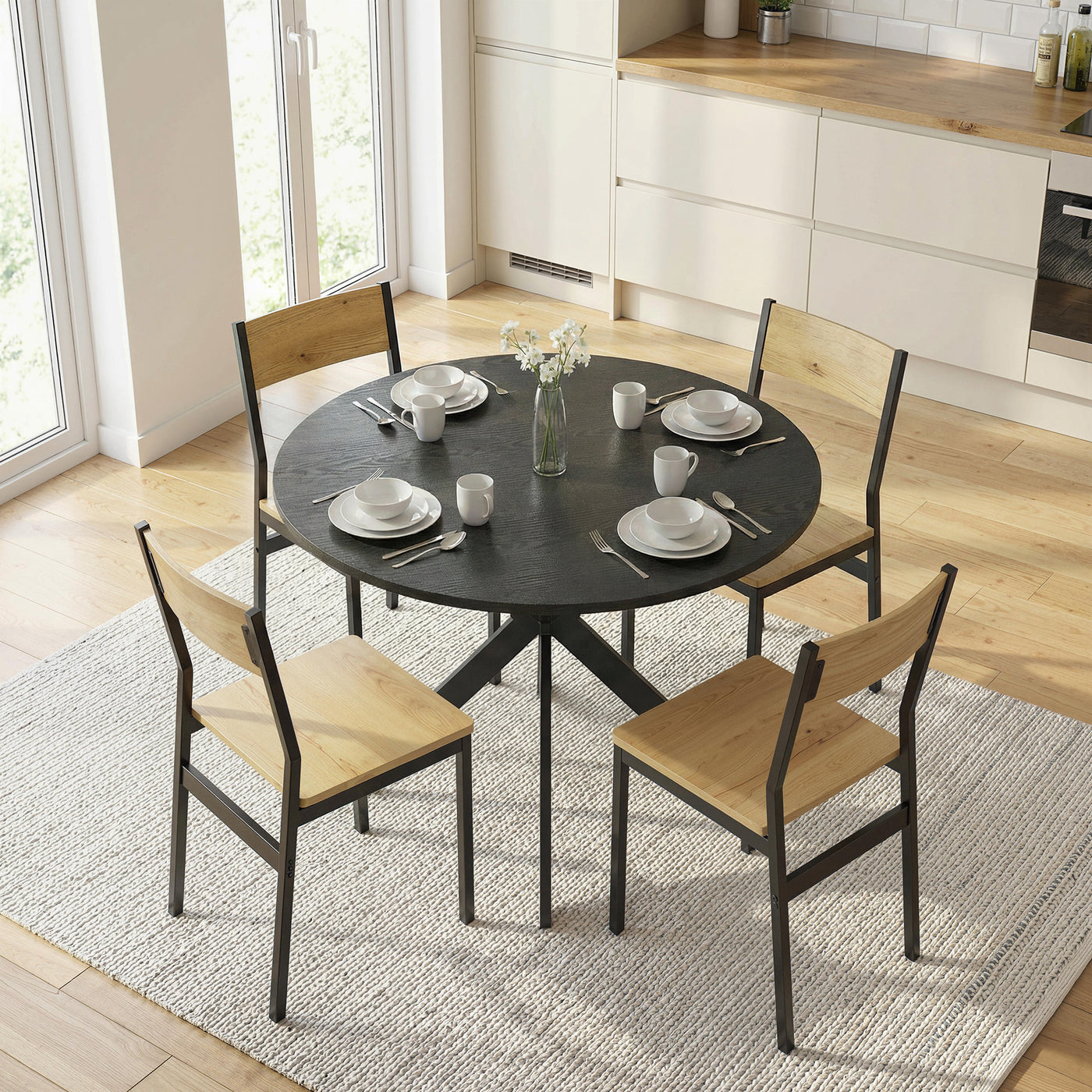 39" Dining Table, Contemporary Round Kitchen Table with Steel Legs, Black Wood Grain