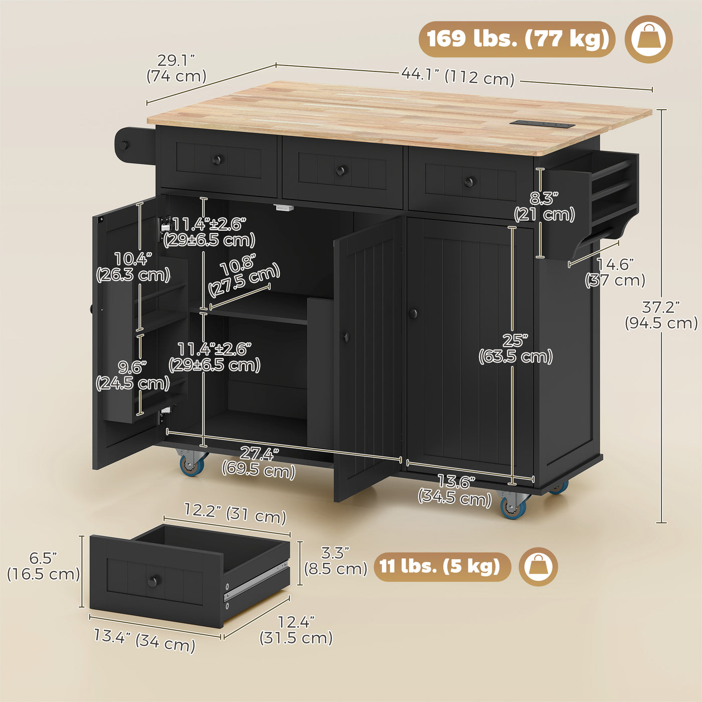 Kitchen Island on Wheels with Drop Leaf, Charging Station, Rolling Kitchen Cart with Wood Top, Adjustable Shelf, Black