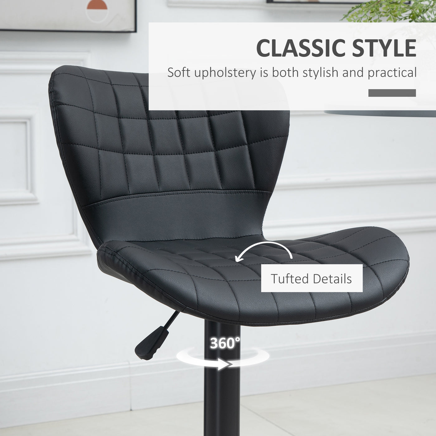 Bar Stools Set of 2, Adjustable Height Swivel Bar Chairs, PU Leather Upholstered Kitchen Counter Stools with Wide Seat, Back and Footrest, Black