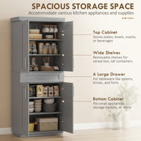 72" Storage Cabinet, Freestanding Kitchen Pantry Cabinet with 4 Doors, Drawer and 3 Adjustable Shelves, Grey