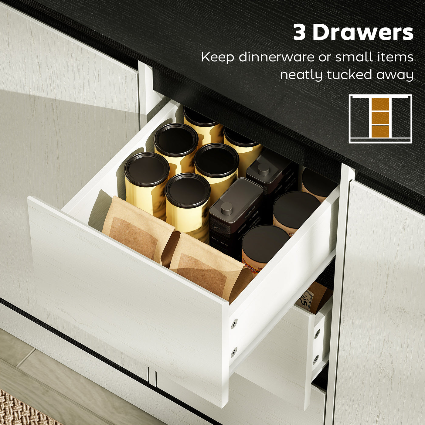 Buffet Cabinet with Soft-Close Hinges, Modern Sideboard with 3 Drawers and 2 Adjustable Shelves, White Wood Grain
