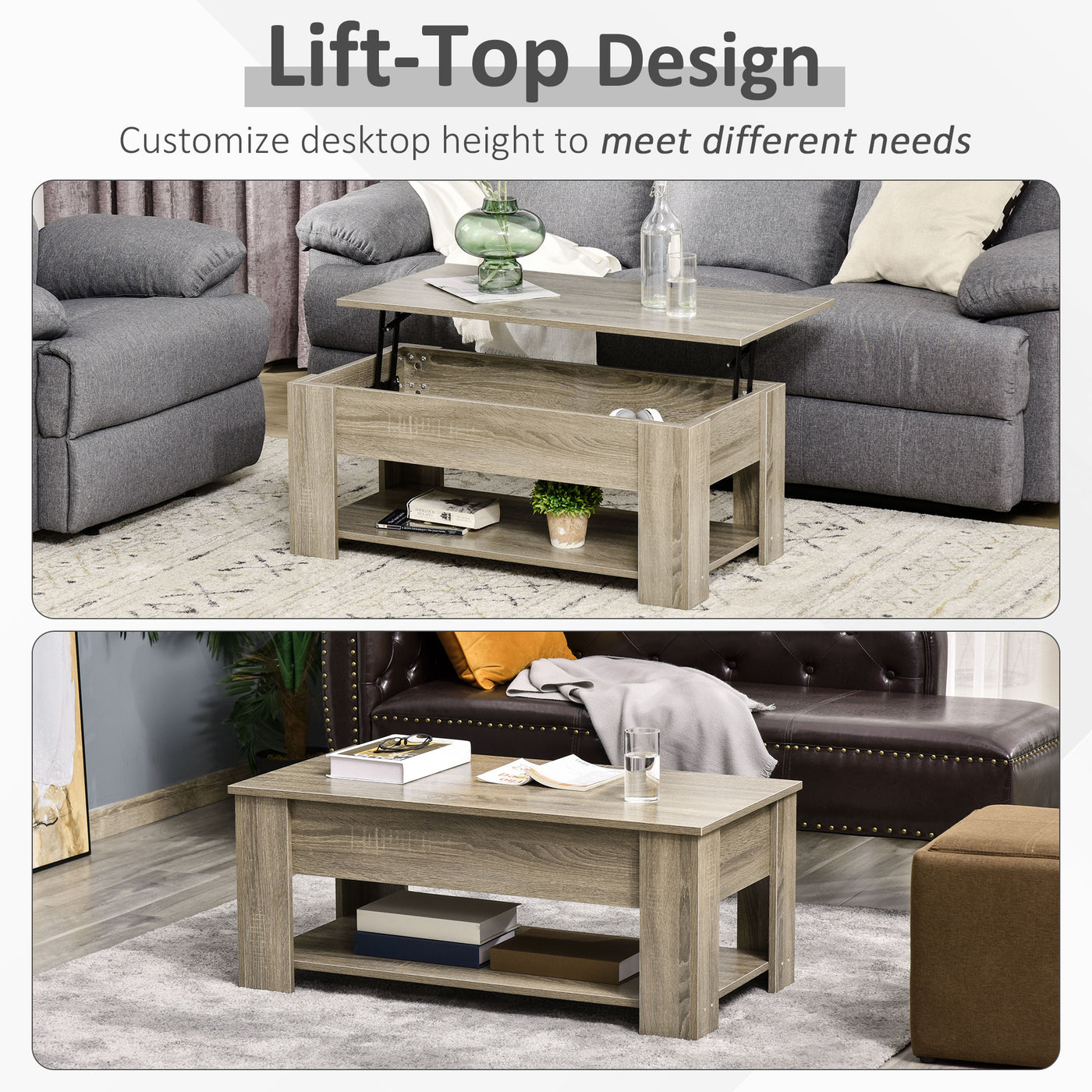 Lift Top Coffee Table with Hidden Storage Compartment and Open Shelf, Center Table for Living Room, Grey
