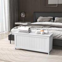 Storage Trunk with 2 Safety Hinges, Modern Entryway Bench with Side Handles, Storage Chest for Living Room, White
