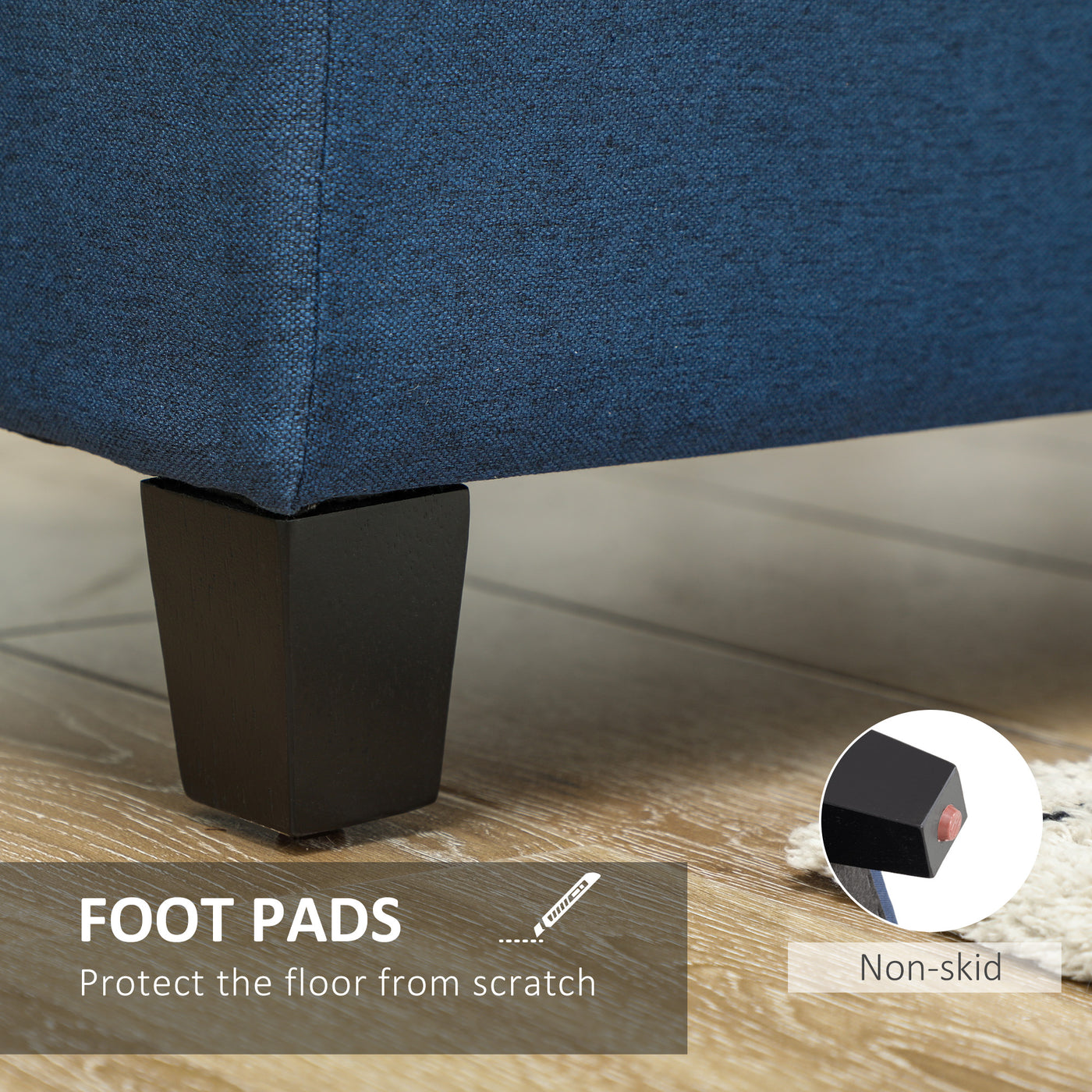 Rectangular Entry Bench, Tufted Upholstered Linen Fabric Wood Feet Storage Ottoman Bench, Blue