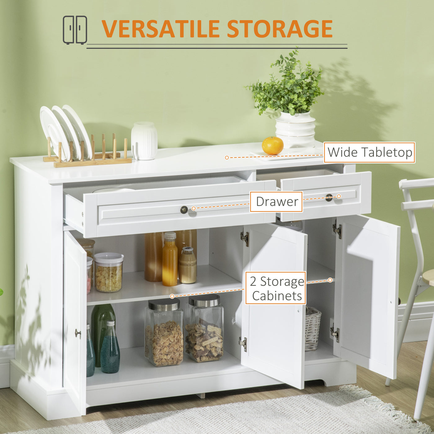 Modern Sideboard Cabinet, Buffet Cabinet with 2 Drawers and Adjustable Shelves, Buffets Tables for Dining Room, White