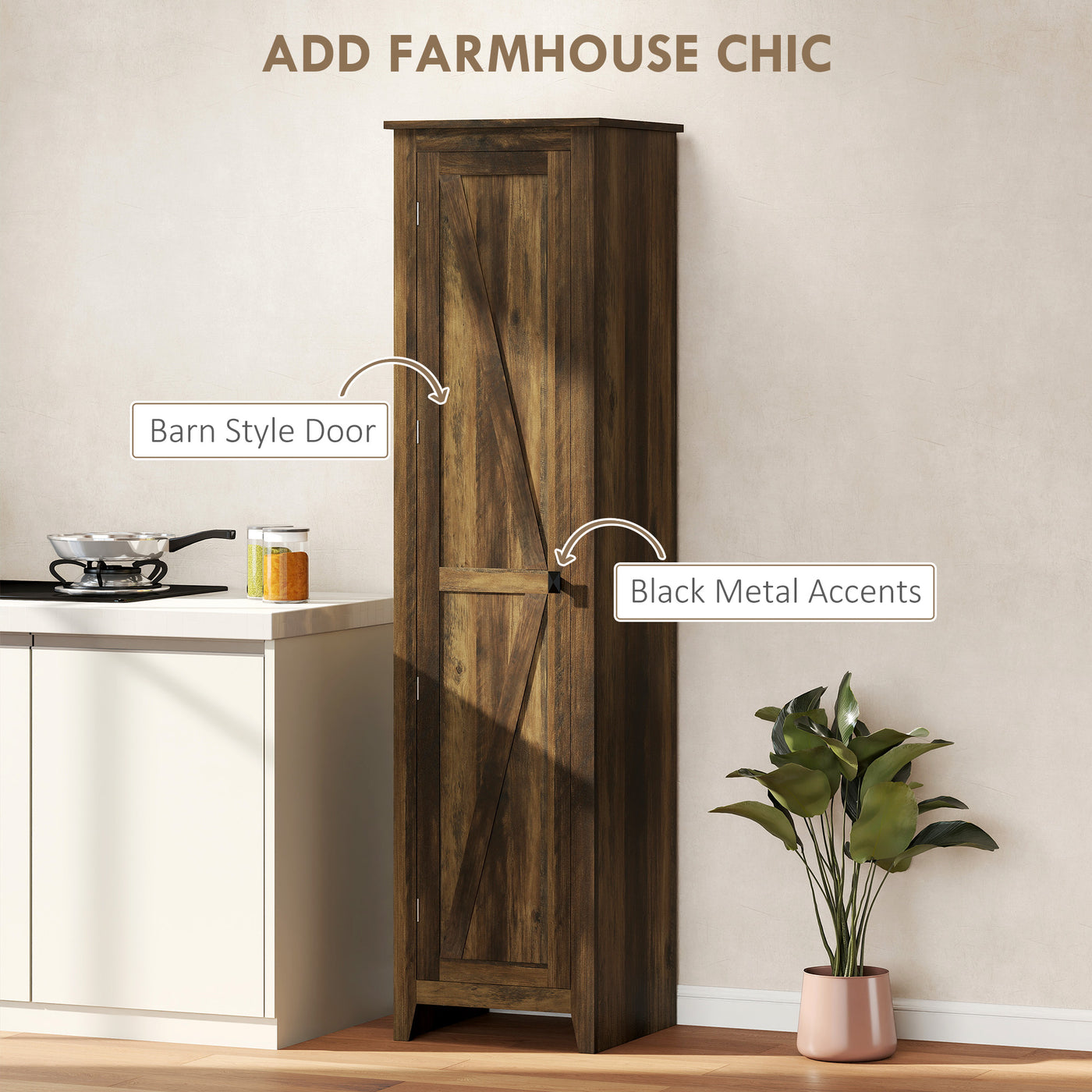 67" Farmhouse Kitchen Pantry Storage Cabinet with Barn Door, Kitchen Pantry Cabinet with Adjustable Shelves, Brown