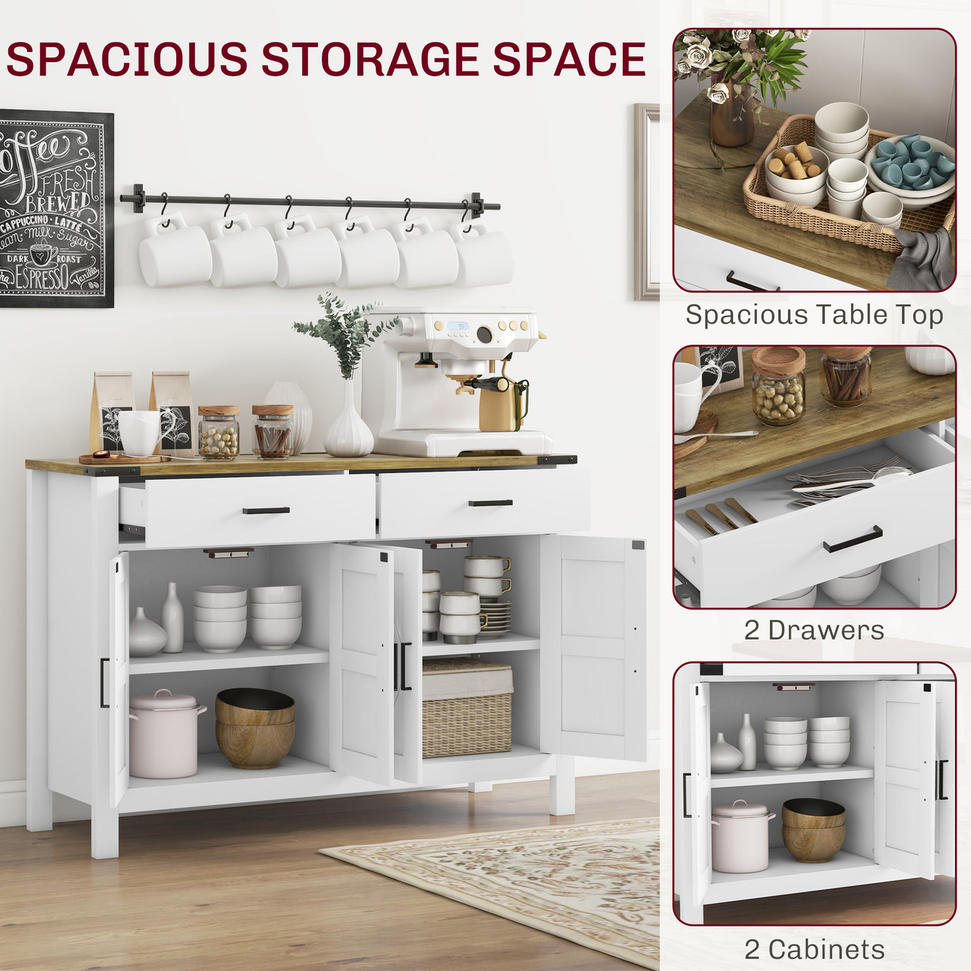 Sideboard Buffet Cabinet, Farmhouse Kitchen Storage Cabinet w/ 2 Drawers and Shelves for Living Room, Entryway