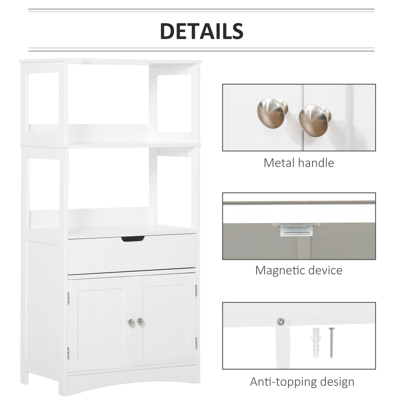 Bathroom Floor Cabinet, Free Standing Kitchen Cabinet with Shelves, Drawer and Doors, for Living Room, White