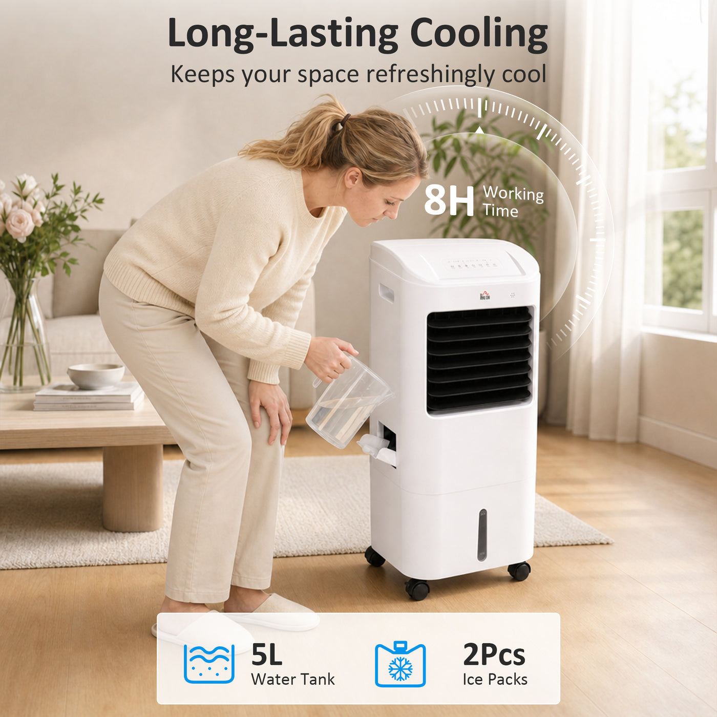 Cooling Fan for Bedroom with Ice Pack, Tower Fan with Remote Control, 3 Modes, 3 Speeds, 7.5H Timer, White