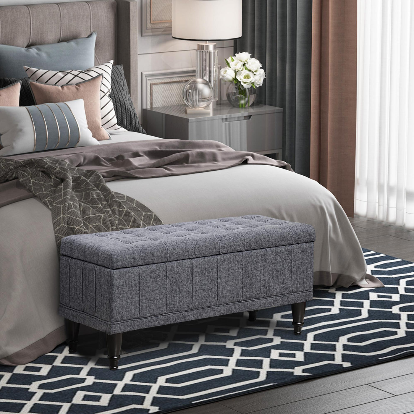 Storage Ottoman, Linen Fabric End of Bed Bench with Soft Close Lid, Button Tufted Storage Bench for Living Room, Entryway or Bedroom, 42" x 17" x 19", Grey