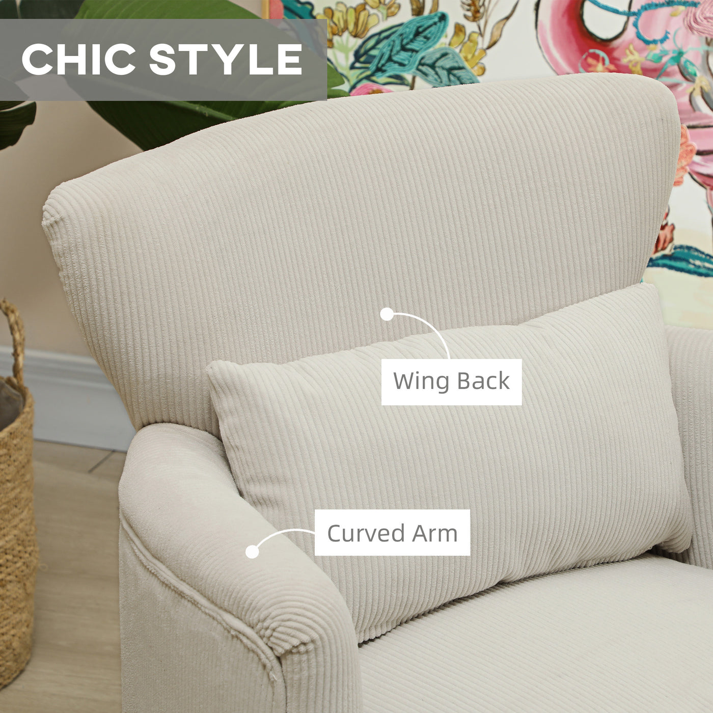 Modern Accent Chair, Upholstered Armchair with Solid Wood Legs and Lumbar Pillow for Living Room, Cream White