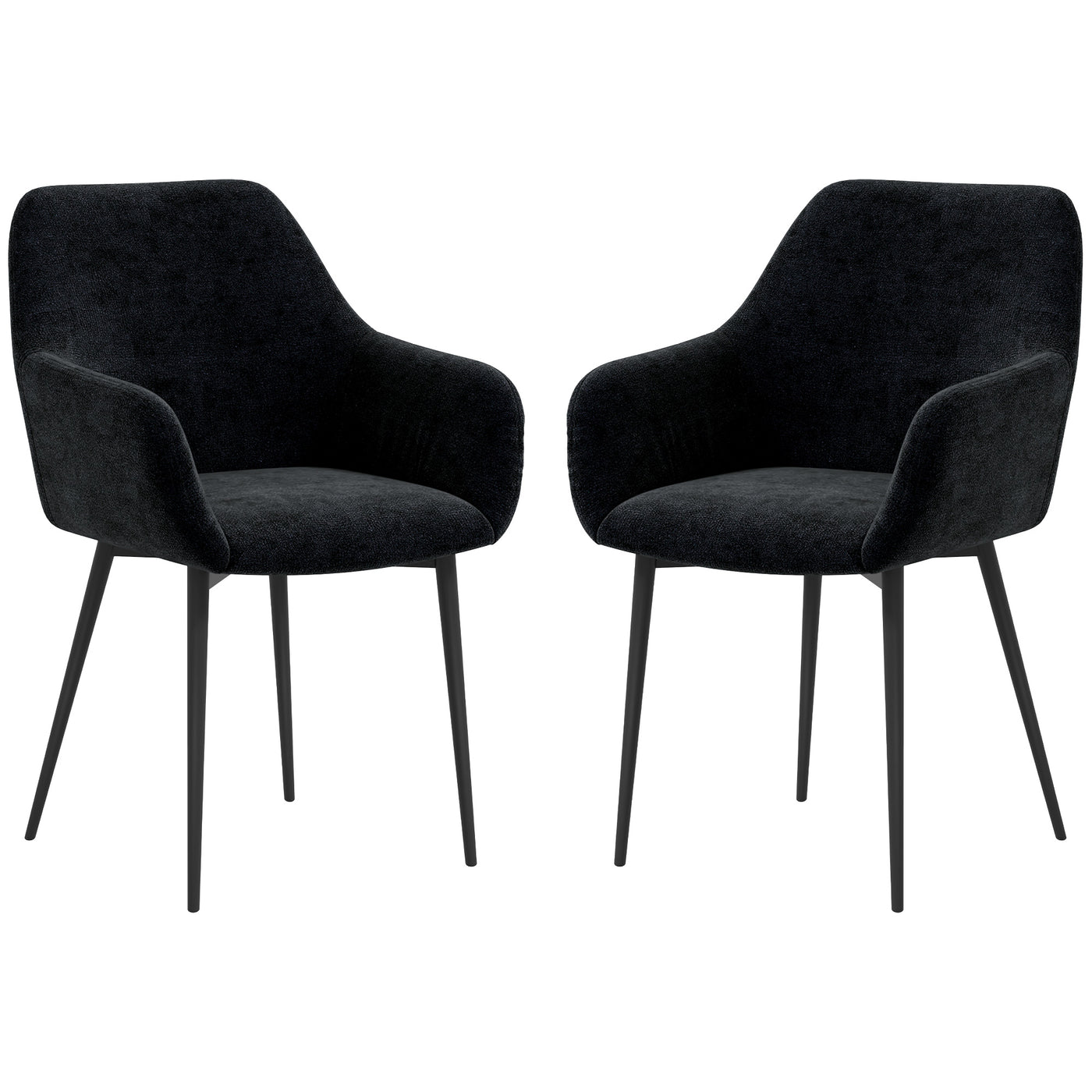 Dining Chairs Set of 2, Velvet-look Fabric Upholstered Kitchen Chairs with Backrest, Armrests and Steel Legs, Black