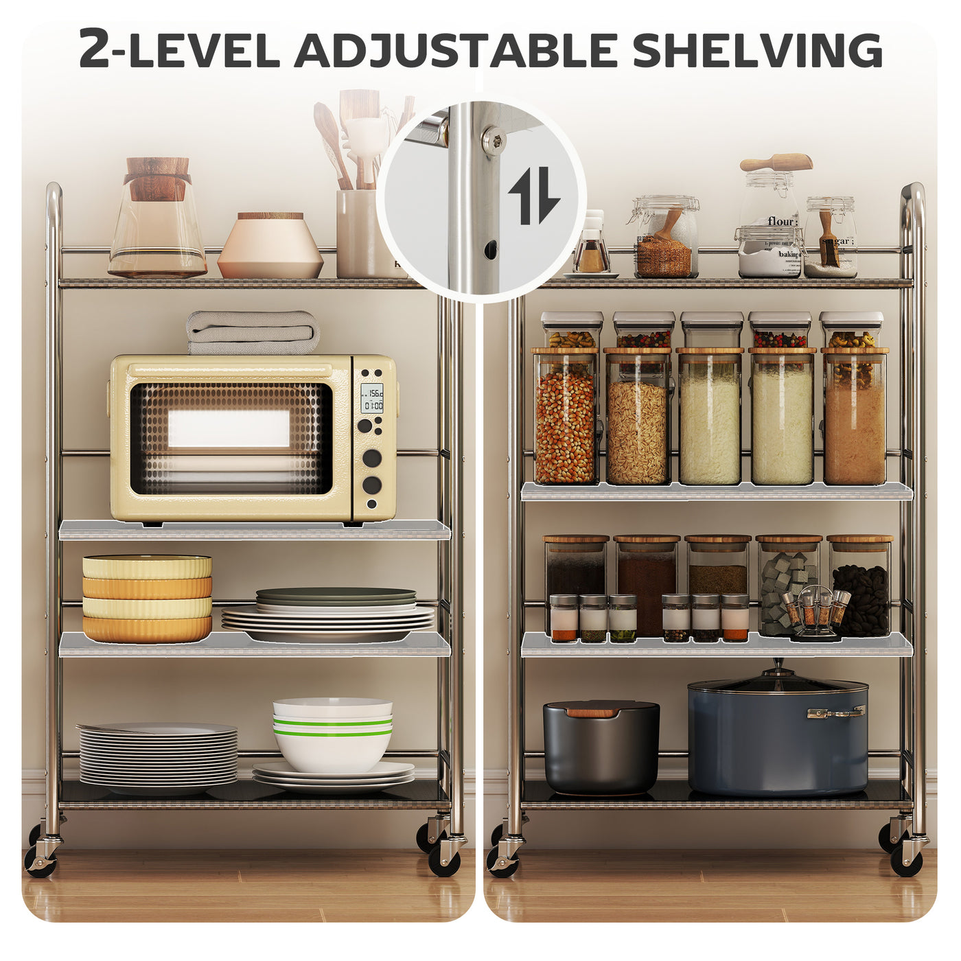 4 Tier Stainless Steel Rolling Cart with Adjustable Shelves, Utility Cart on Wheels with Handles for Kitchen, Silver