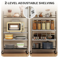 4 Tier Stainless Steel Rolling Cart with Adjustable Shelves, Utility Cart on Wheels with Handles for Kitchen, Silver