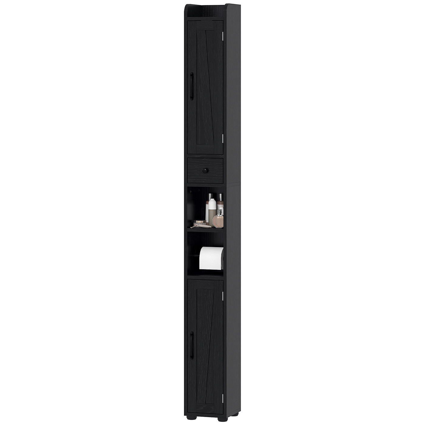 Narrow Bathroom Cabinet, Tall Bathroom Storage Cabinet with Barn Doors, Drawer and Adjustable Shelves, Black Wood Grain