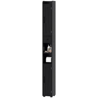 Narrow Bathroom Cabinet, Tall Bathroom Storage Cabinet with Barn Doors, Drawer and Adjustable Shelves, Black Wood Grain