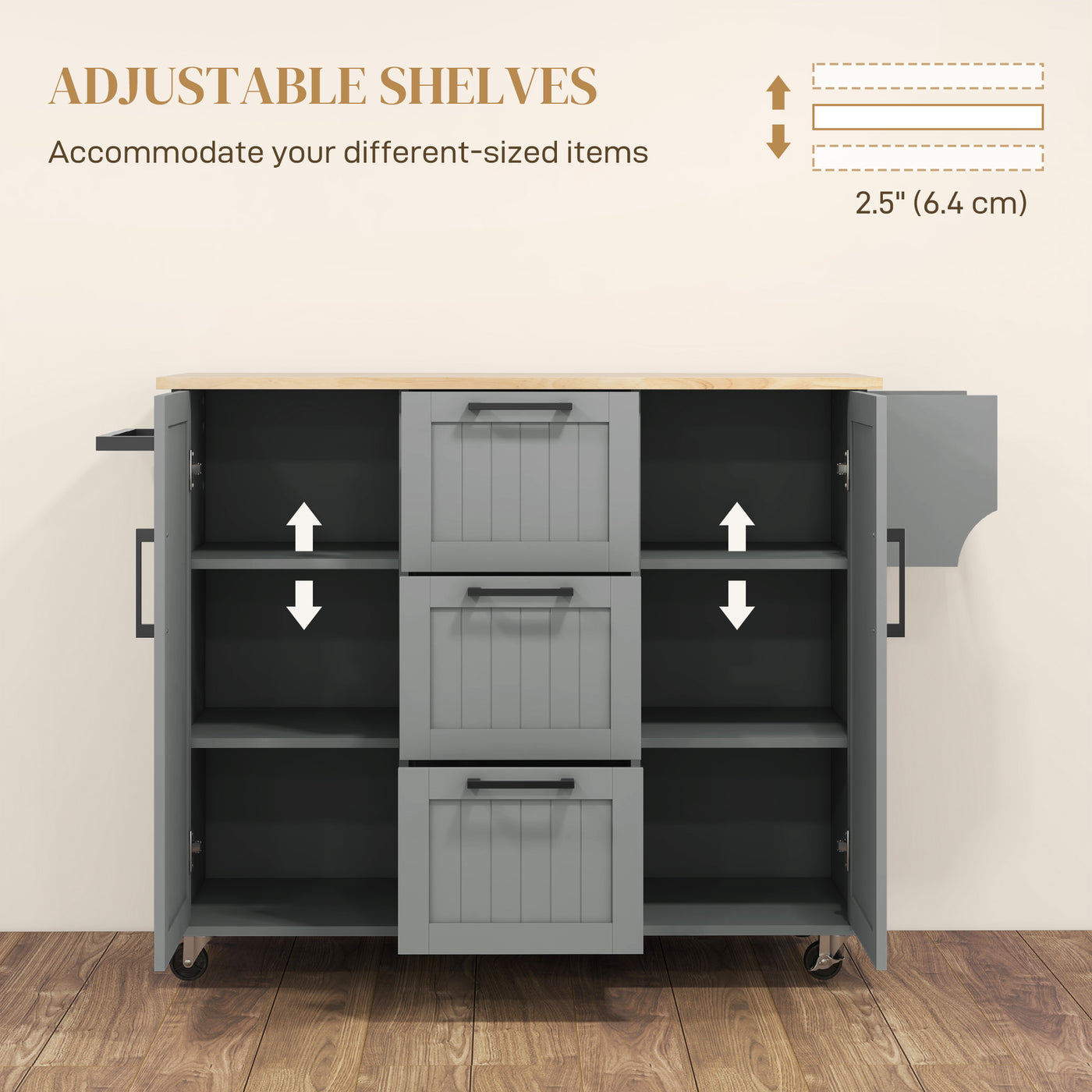 Rolling Kitchen Cart on Wheels with Drop Leaf, Kitchen Island with 3 Drawers, Solid Wood Top and Towel Rack, Grey