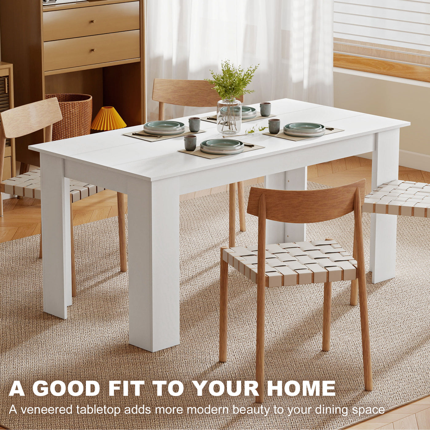 63" Kitchen Table for 4-6 People, Dining Table with Wood Effect for Dining Room, White