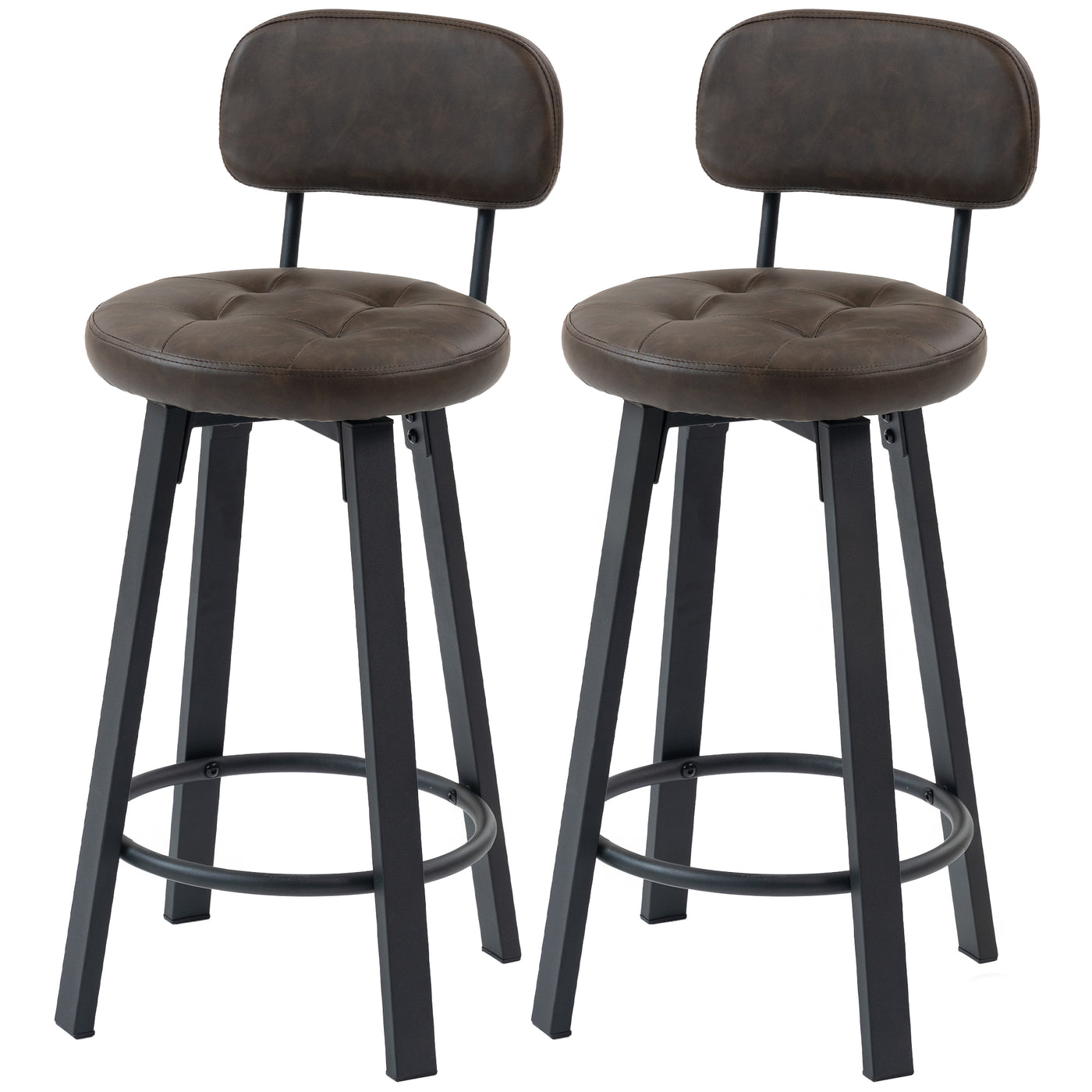 Bar Stools Set of 2, Upholstered Breakfast Bar Chairs with Footrest and Backrest for Kitchen Counter, Brown