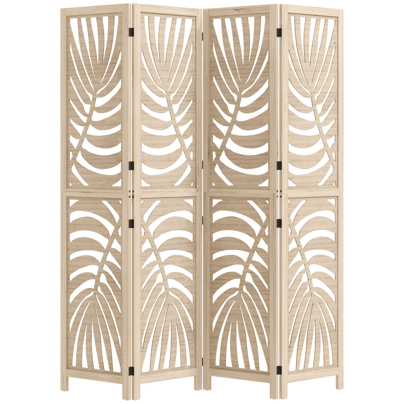 4 Panel Room Divider, Detachable Folding Privacy Screens with Palm Leaf Design for Home Office, Natural Wood Finish