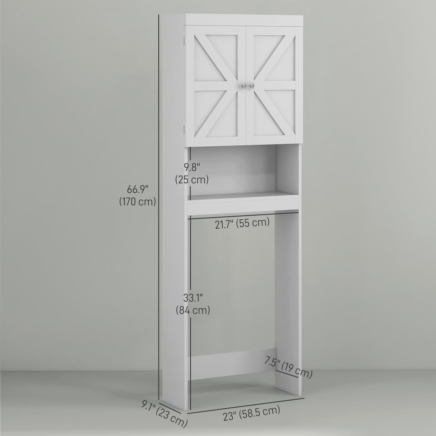 Over The Toilet Cabinet, Modern Bathroom Above Toilet Storage with Barn Doors and Open Shelf, White