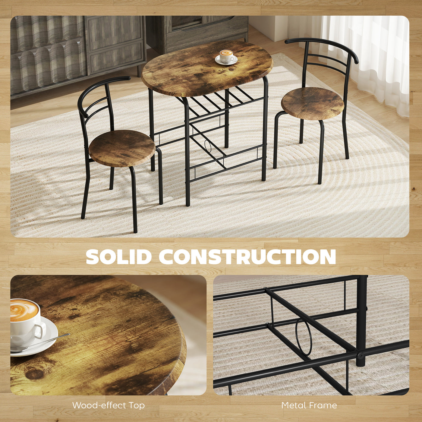 Dining Table Set of 3, Kitchen Table and Chairs Set for 2 with Shelf, Living Room Rustic Brown