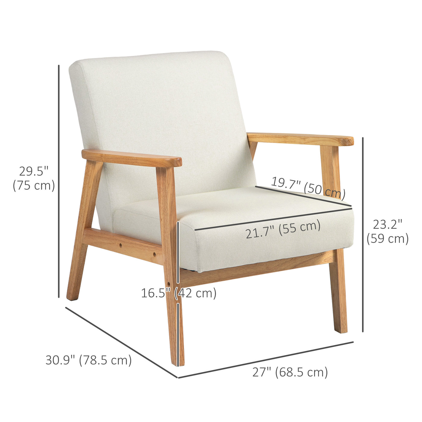 Mid-Century Modern Accent Chair Retro Fabric Armchair Wooden Arm Upholstered Lounge Chair for Living Room Cream White