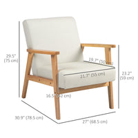 Mid-Century Modern Accent Chair Retro Fabric Armchair Wooden Arm Upholstered Lounge Chair for Living Room Cream White