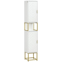 Tall Bathroom Storage Cabinet, Modern Narrow Bathroom Cabinet with Diamond Chevron Pattern and Adjustable Shelf, White