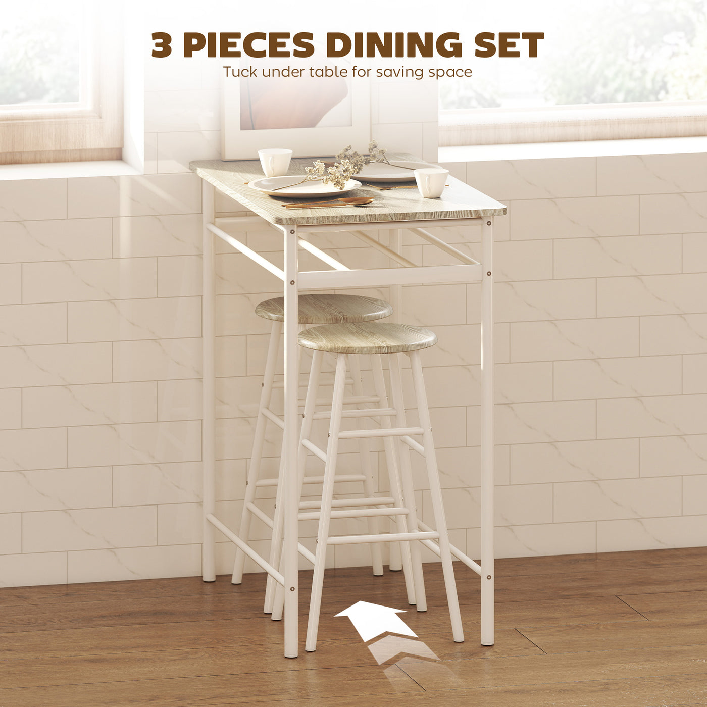 3 Piece Counter Height Bar Table Set with 1 Table, 2 Matching Stools, Dining Table Set with Storage Shelf and Metal Frame Footrest, White and Oak