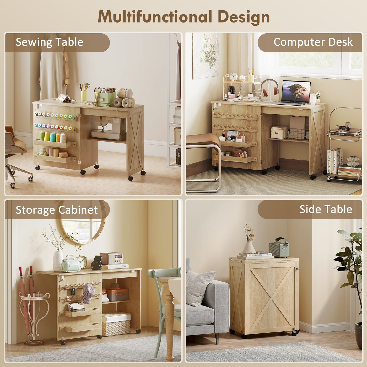Sewing Machine Table on Wheels, Folding Craft Table with 2 Bins, Storage Shelf, 18 Pegs, Lockable Wheels, Natural