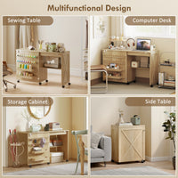 Sewing Machine Table on Wheels, Folding Craft Table with 2 Bins, Storage Shelf, 18 Pegs, Lockable Wheels, Natural