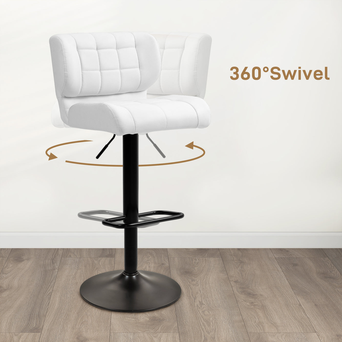 Swivel PU Leather Barstools Set of 2 Adjustable Bar Stools with Footrest Back for Kitchen Counter Dining Room White